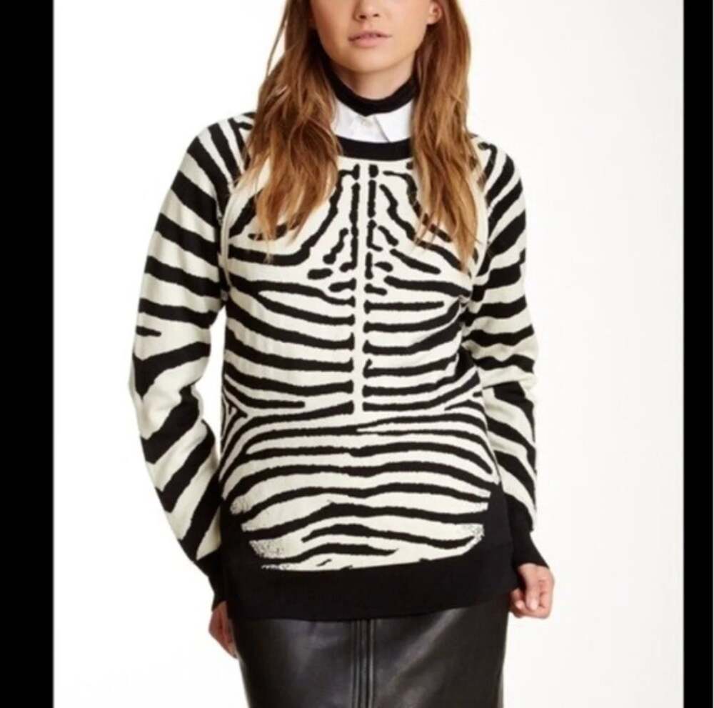 A.L.C. Rizzou Zebra Print Wool Blend Knit Sweater L Black Ivory Designer